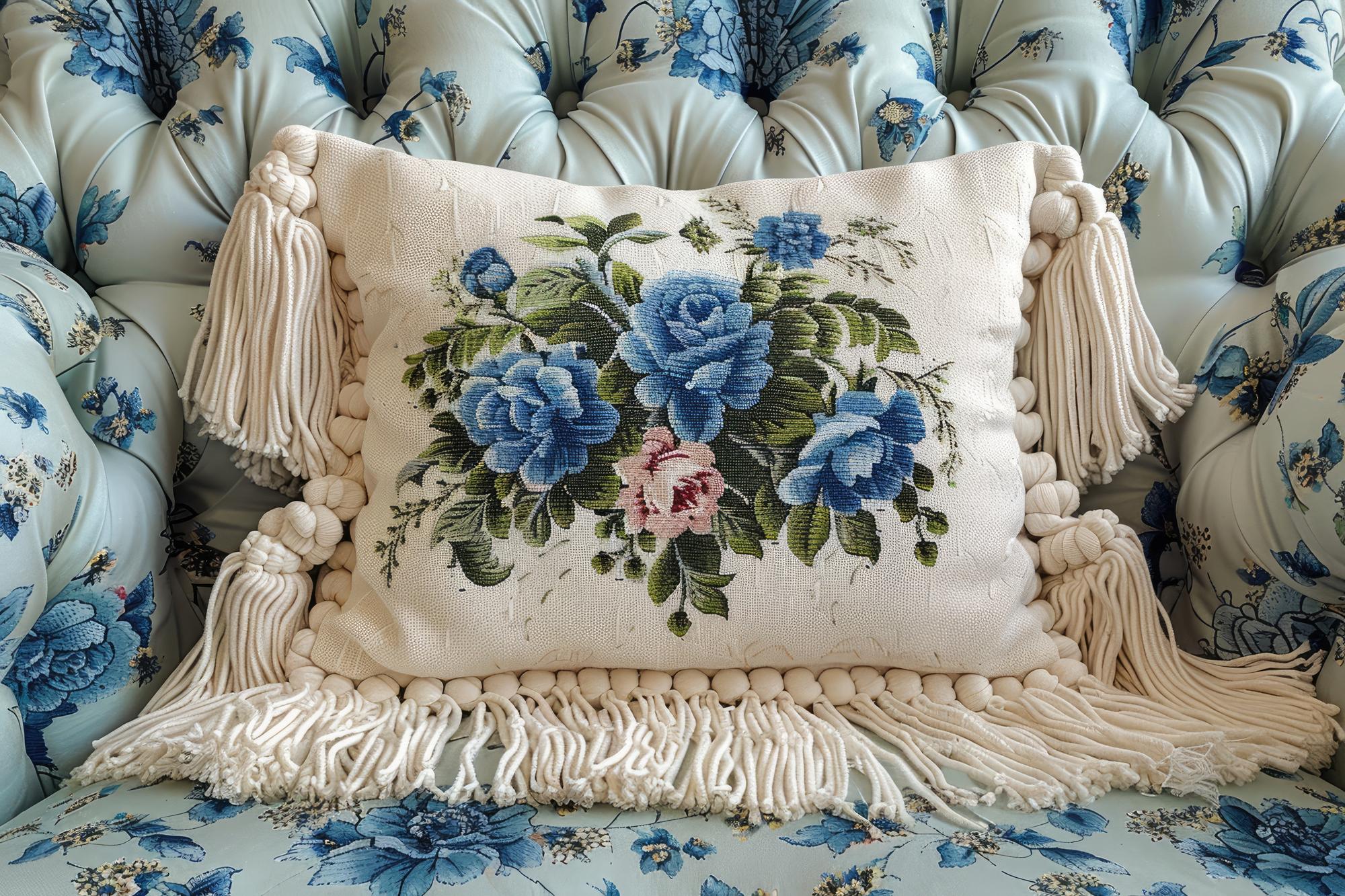 embroidered linen pillow with floral motif